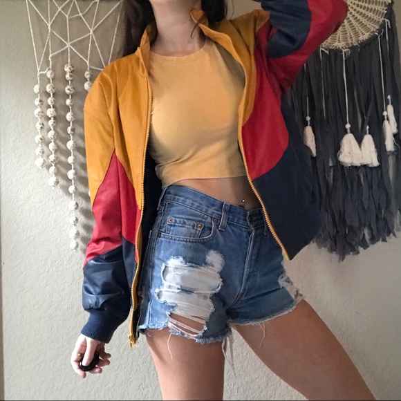 Vintage real leather color block bomber jacket - Picture 6 of 8